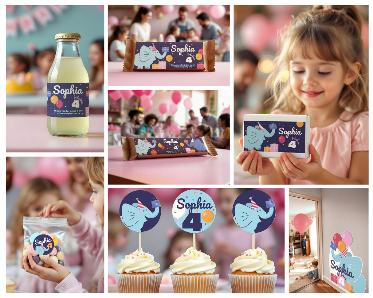 Personalized elephant birthday party decoration set featuring custom name and age decals for a magical celebration.