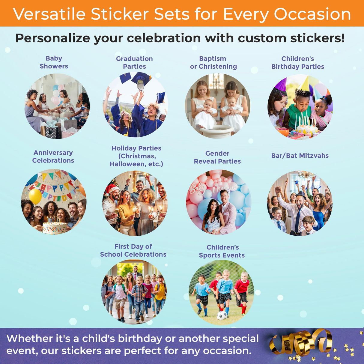 Colorful sticker sets for various occasions like birthdays, graduations, and holidays, showcasing celebration customization.