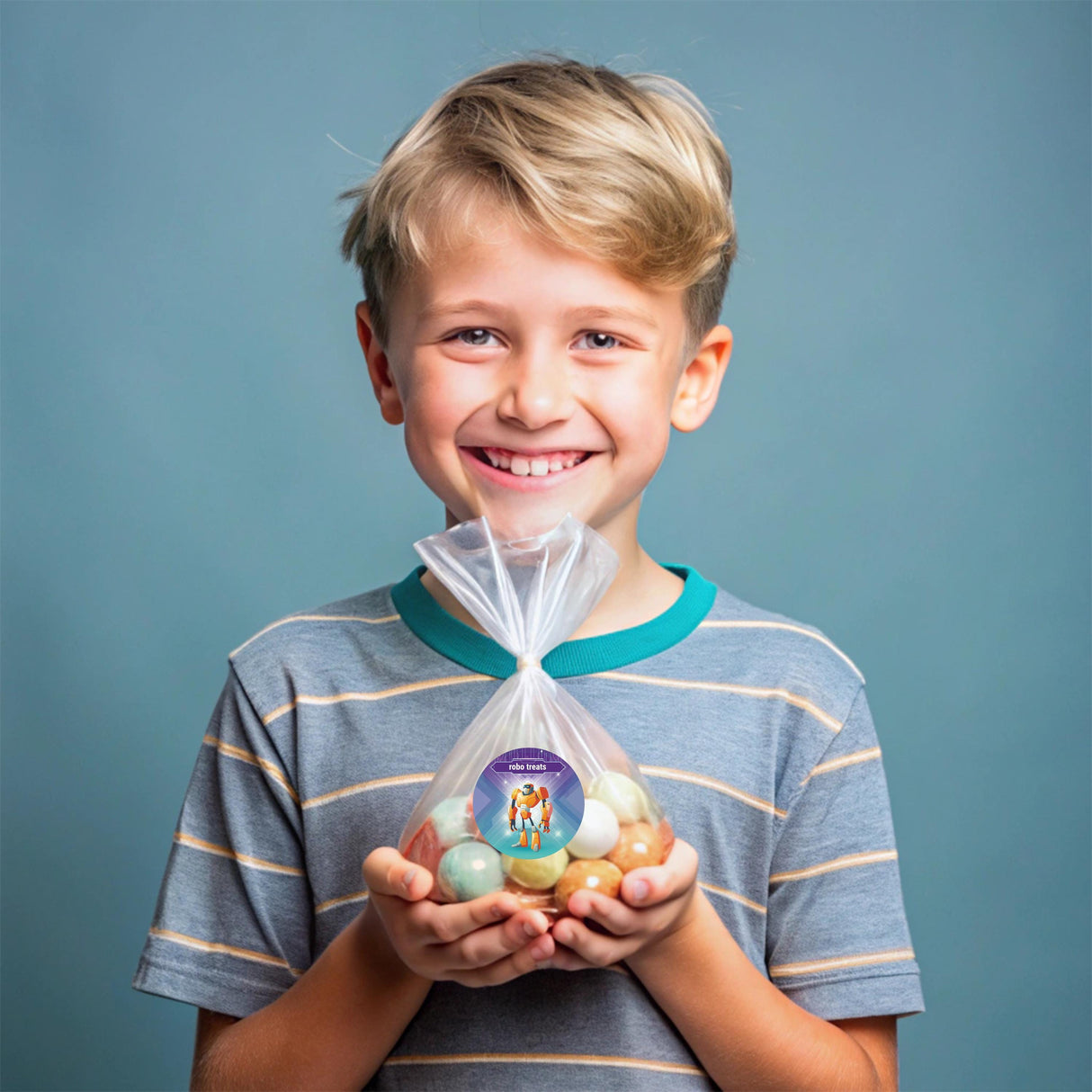 Smiling boy holding a clear bag of colorful candies with a robot-themed sticker, perfect for a birthday party.