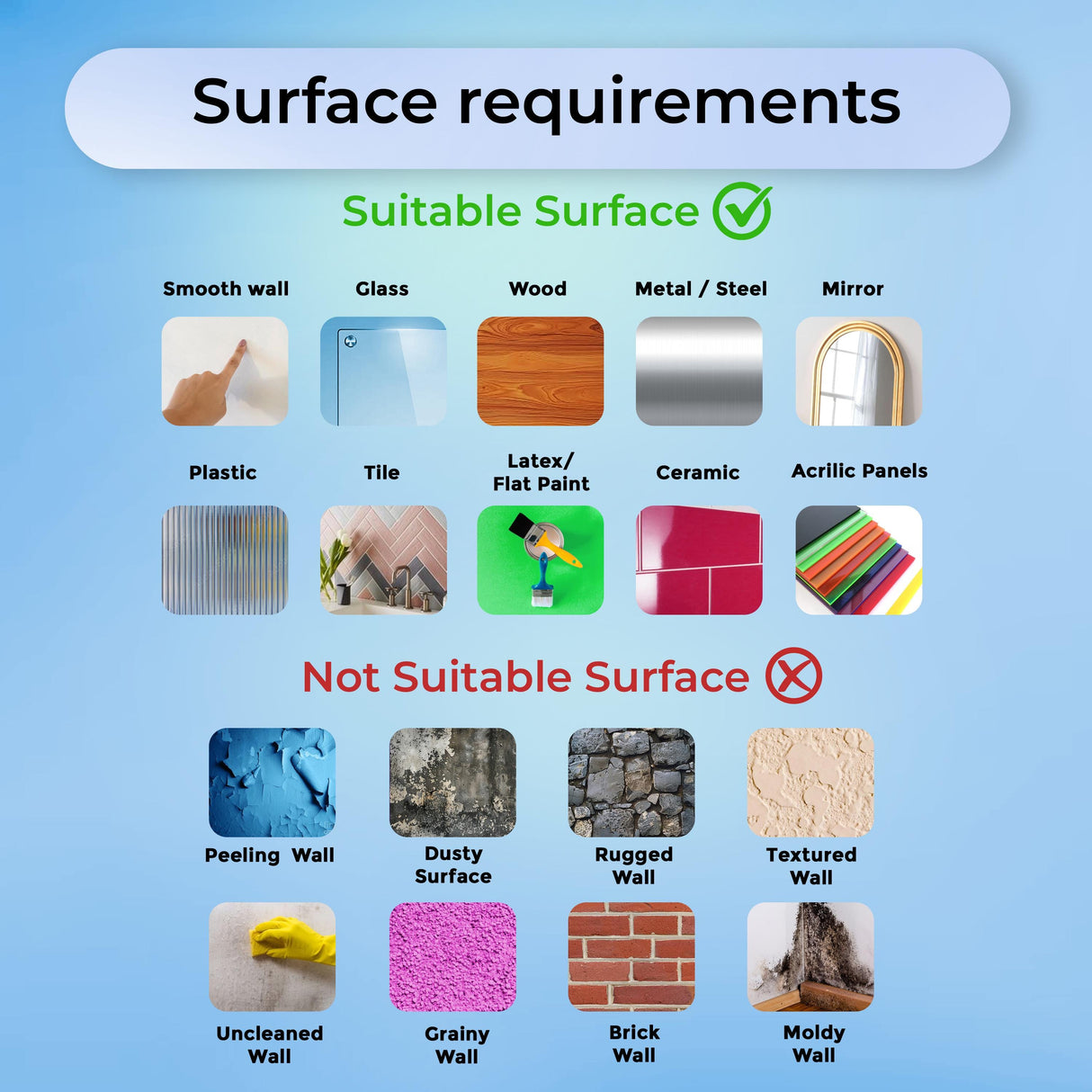 Chart showing suitable and not suitable surfaces for decals, including examples like smooth walls, glass, and brick.