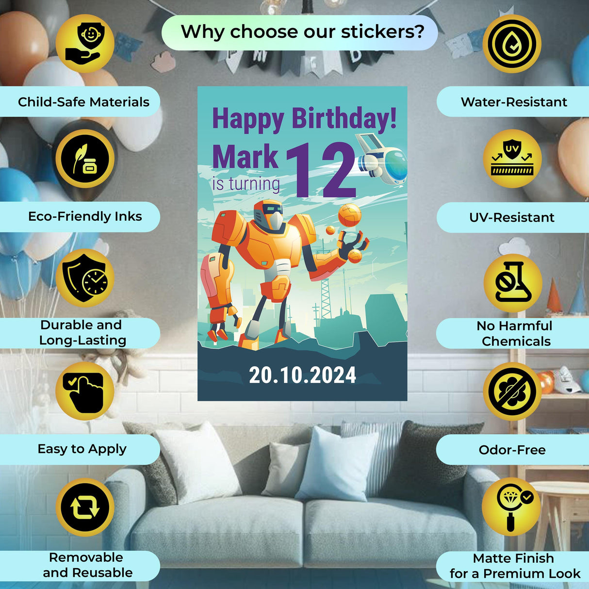 Colorful robot-themed birthday poster featuring customizable text and icons highlighting sticker features.