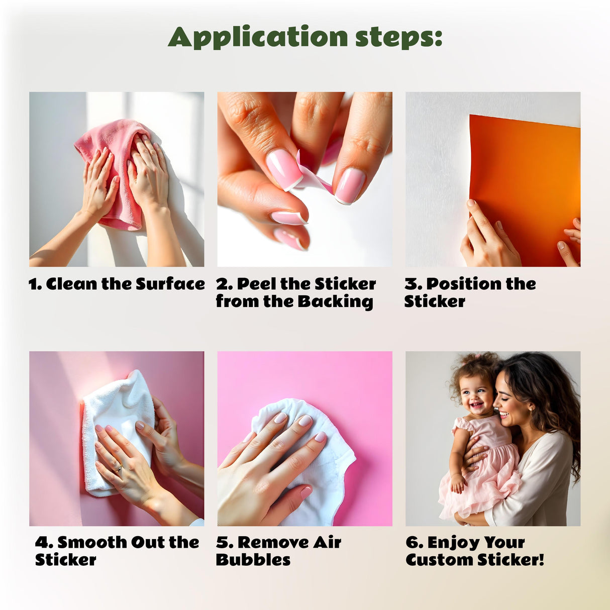 Step-by-step guide for applying stickers, with images on cleaning, peeling, positioning, and smoothing them out.