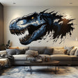 3D T-Rex dinosaur wall sticker decal in a modern living room, showcasing a fierce and realistic design.