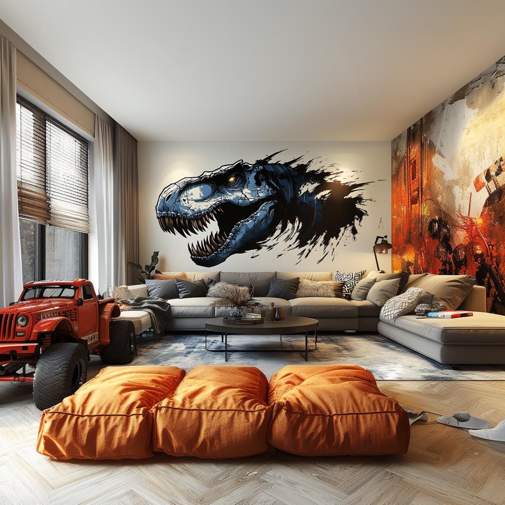 Realistic T-Rex dinosaur wall sticker in a stylish living room with orange bean bags and playful decor.