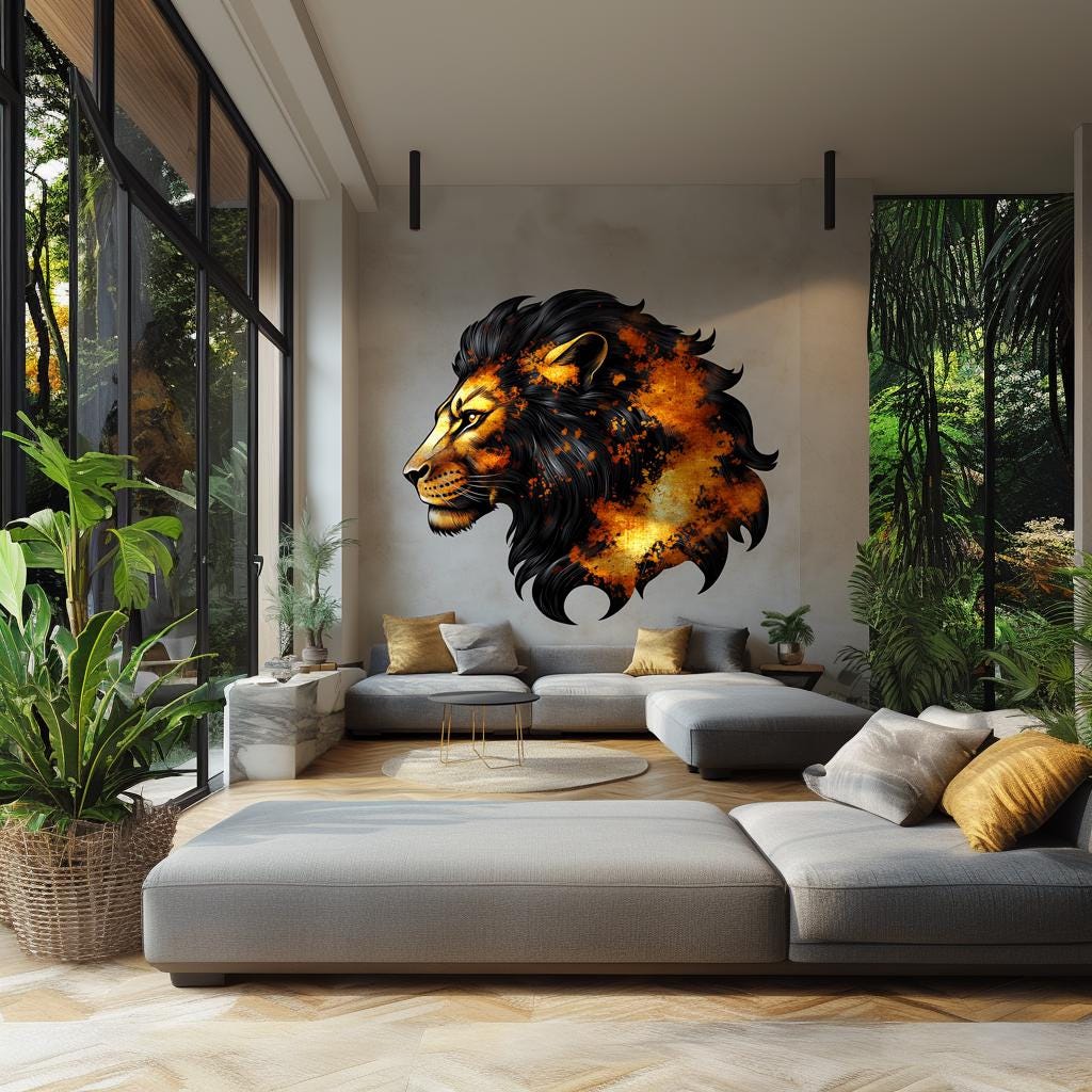 Majestic lion wall sticker in a modern living room, featuring vibrant orange and black tones for bold decor.