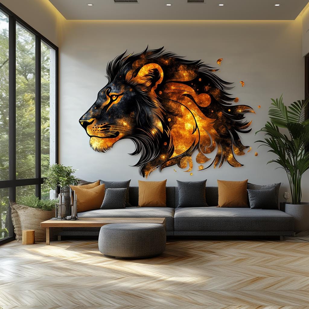 Cosmic lion wall decal in a modern living room, featuring fiery colors and celestial design for bold decor.