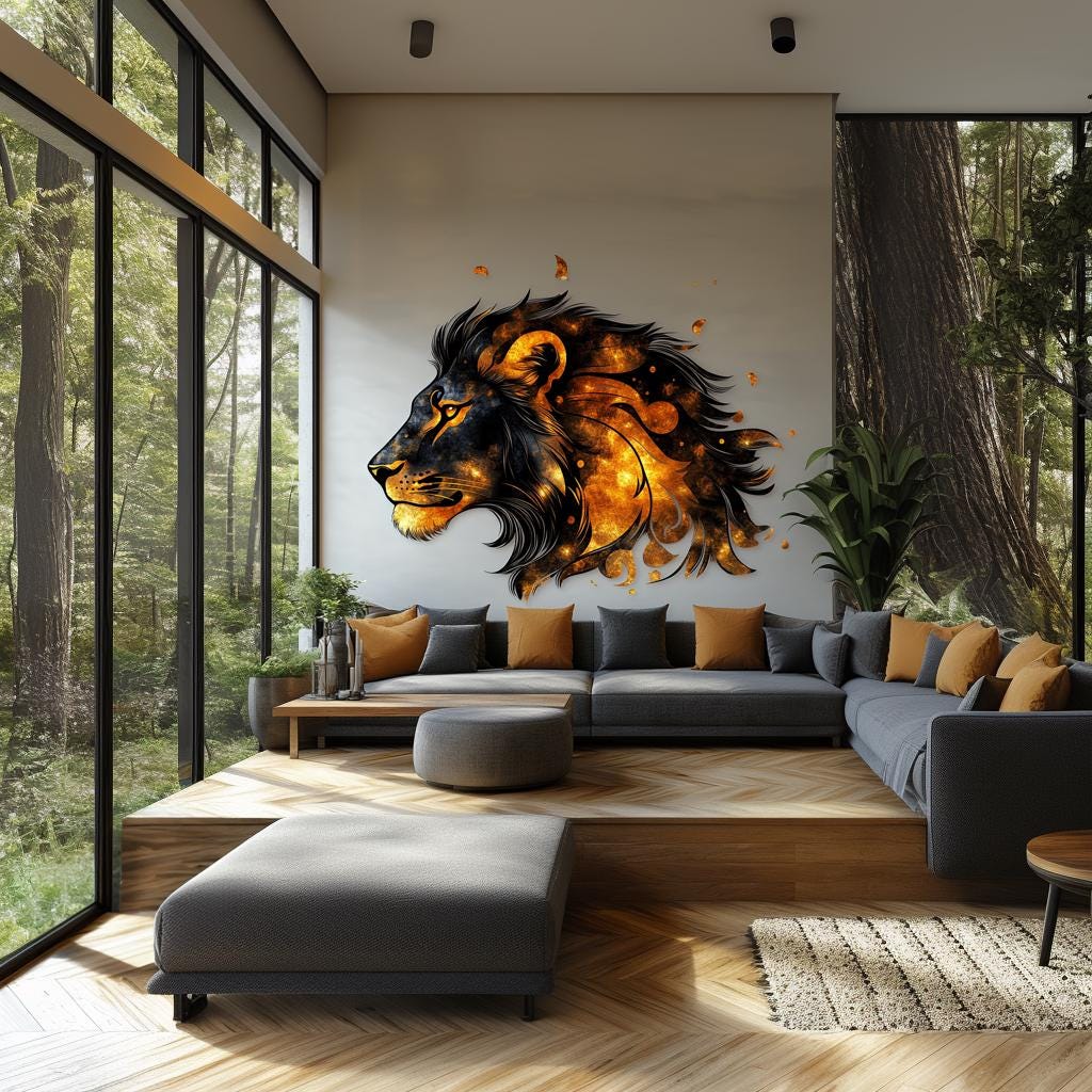Cosmic Lion wall decal featuring fiery oranges, adding bold animal decor to a modern living room.