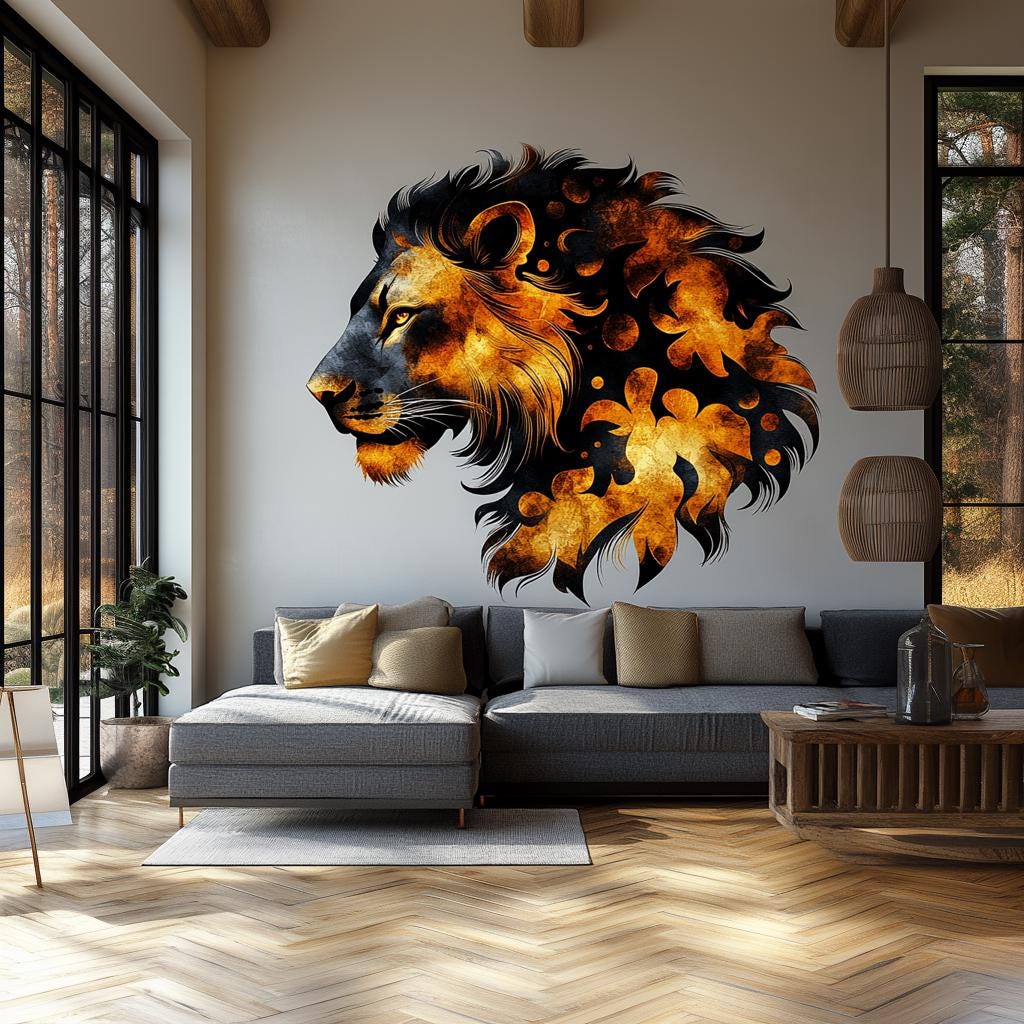 Abstract lion wall decal in fiery colors, adding modern art to a living room decor.