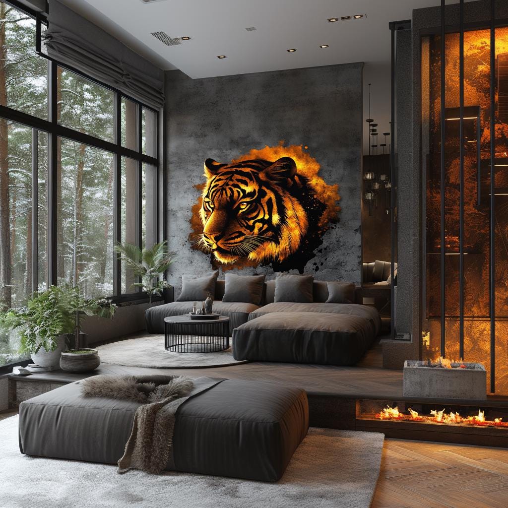 Fiery tiger wall sticker decal in a modern living room, showcasing bold orange and black tones.