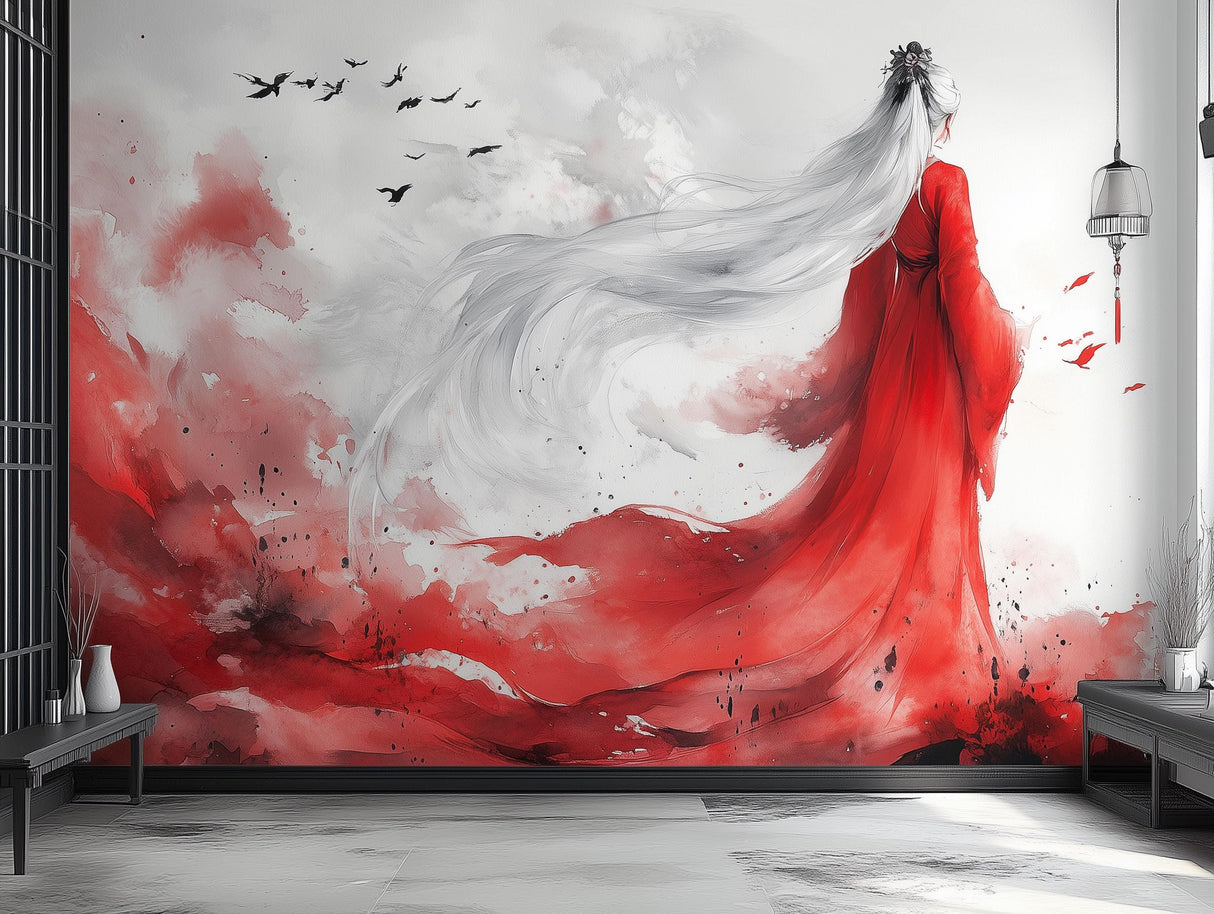 Asian-inspired wall mural featuring a graceful figure in a red kimono, showcasing elegance and sophistication in home decor.