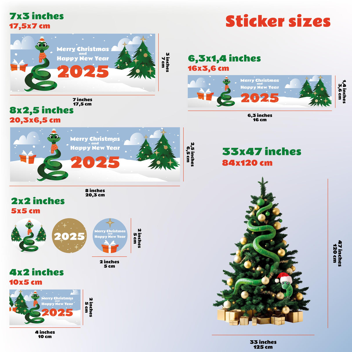 Variety of Christmas sticker sizes including labels for bottles and gift boxes, festive designs with trees and holiday messages.