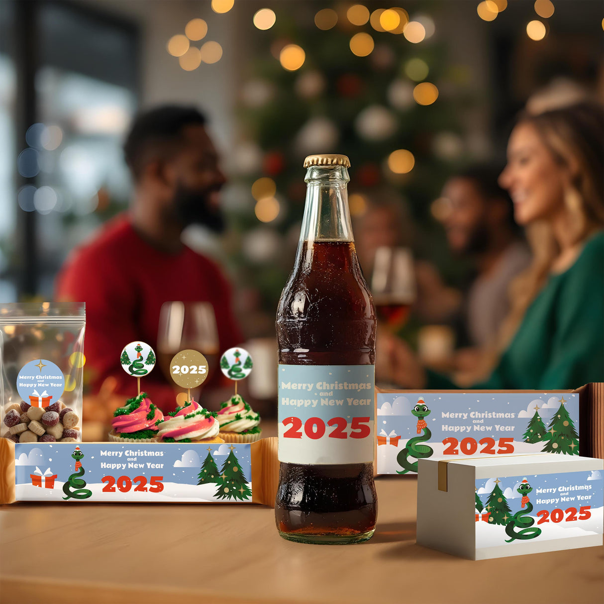 Christmas sticker set featuring personalized labels on bottles, chocolates, and gift boxes with festive designs for 2025.