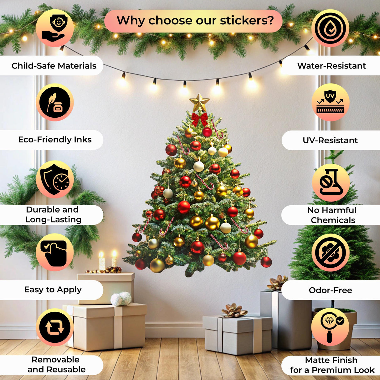 Interactive Christmas tree wall sticker features child-safe, durable materials, perfect for holiday decor in any space.