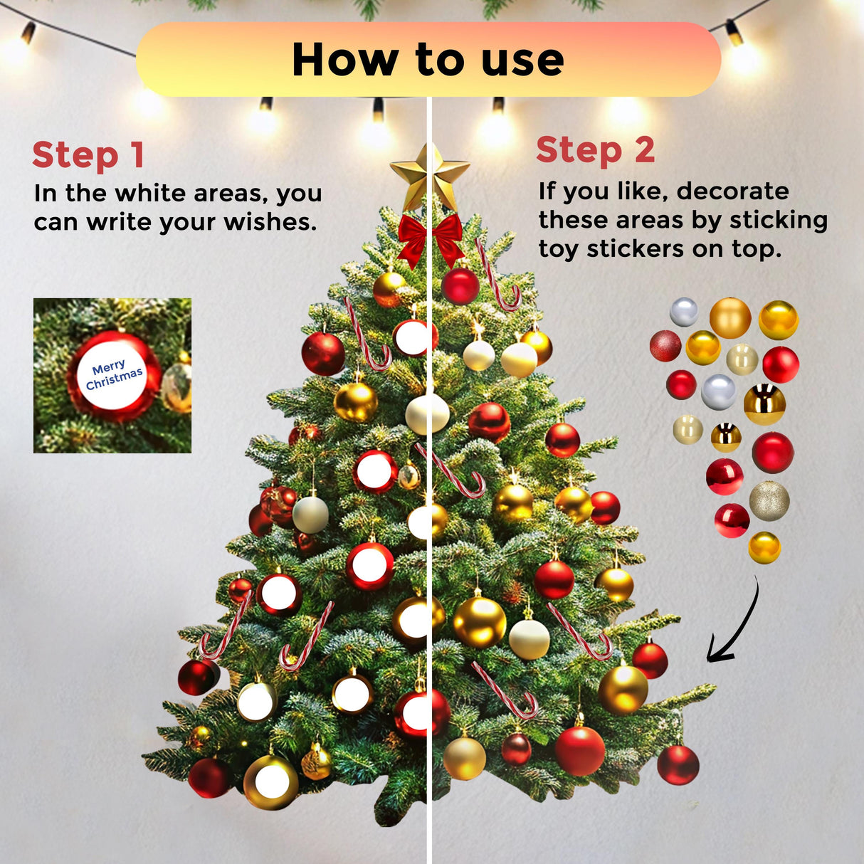 Step-by-step guide for using a customizable Christmas tree wall sticker, showcasing writable areas and colorful stickers.