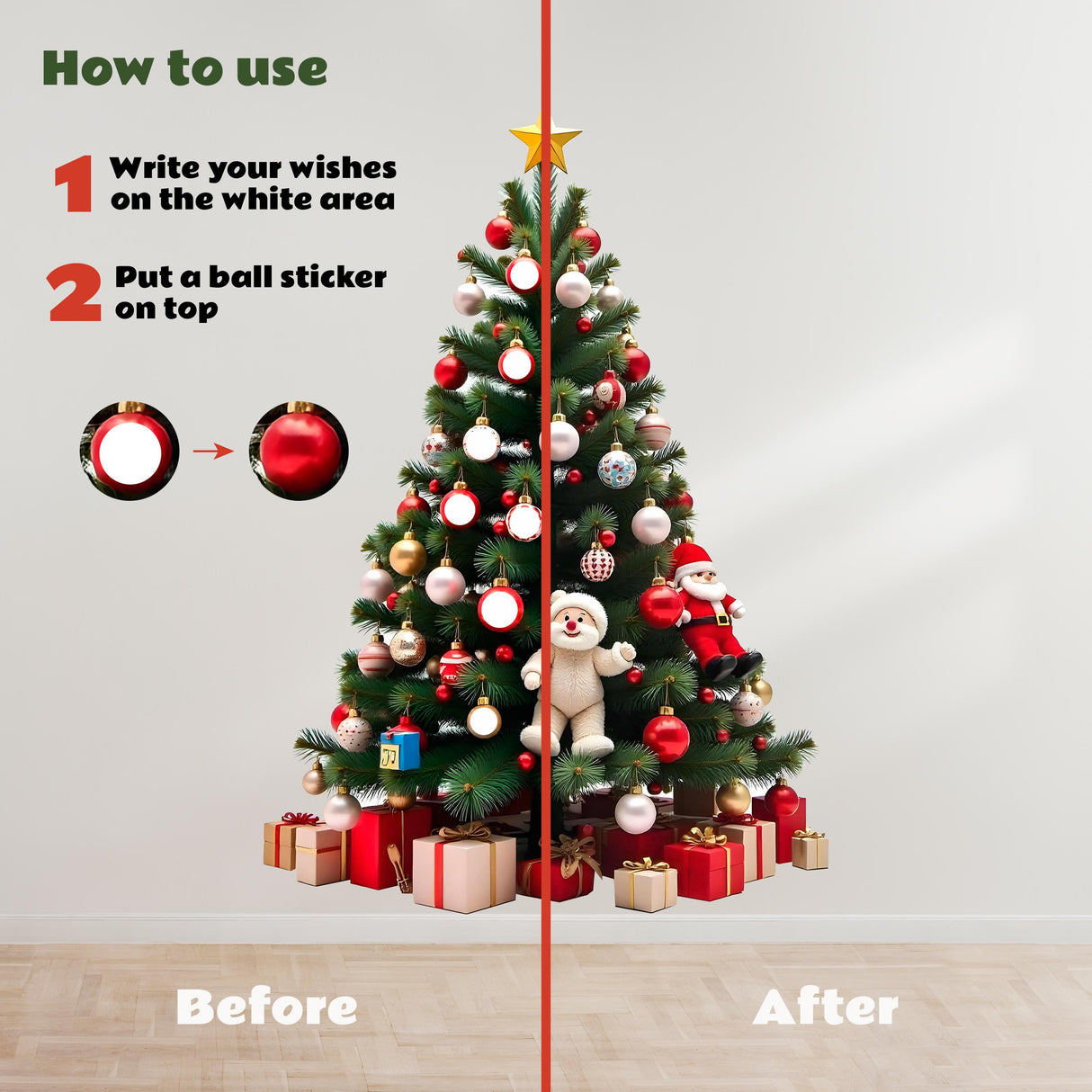 Interactive Christmas tree wall sticker decal showing instructions for customizing with wishes and ball stickers.