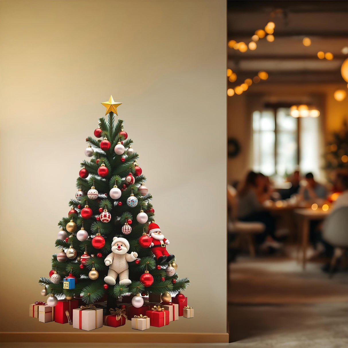Interactive Christmas Tree Wall Sticker with ornaments, Santa, and teddy bears for festive holiday decor.