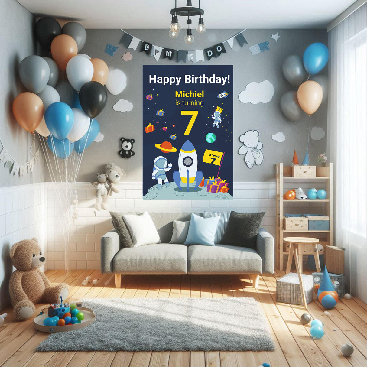 Space Adventure Birthday Wall Decal with astronaut and rocket, celebrating Michiel's 7th birthday in a colorful room