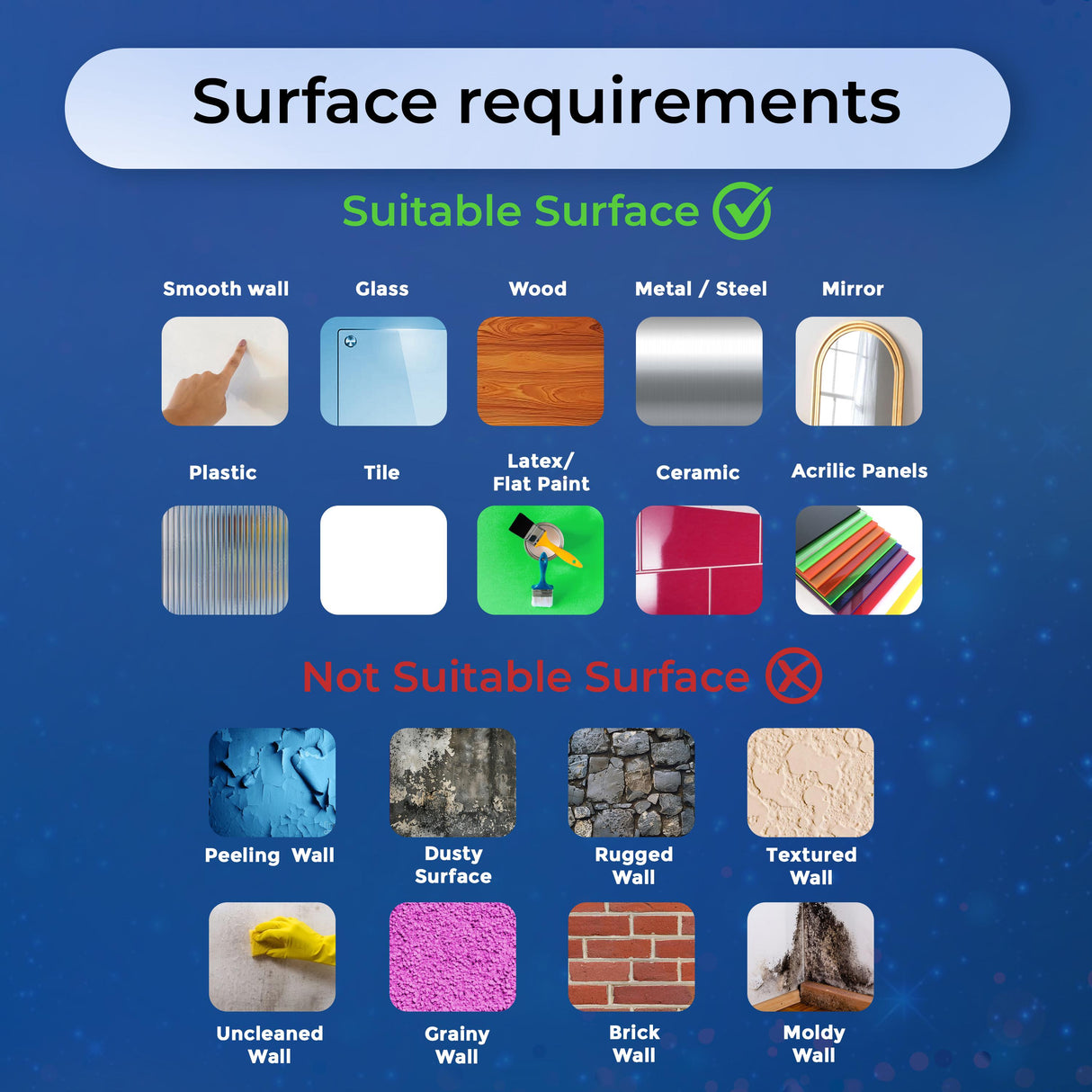 Surface requirements for wall decals showing suitable and not suitable surfaces for application.