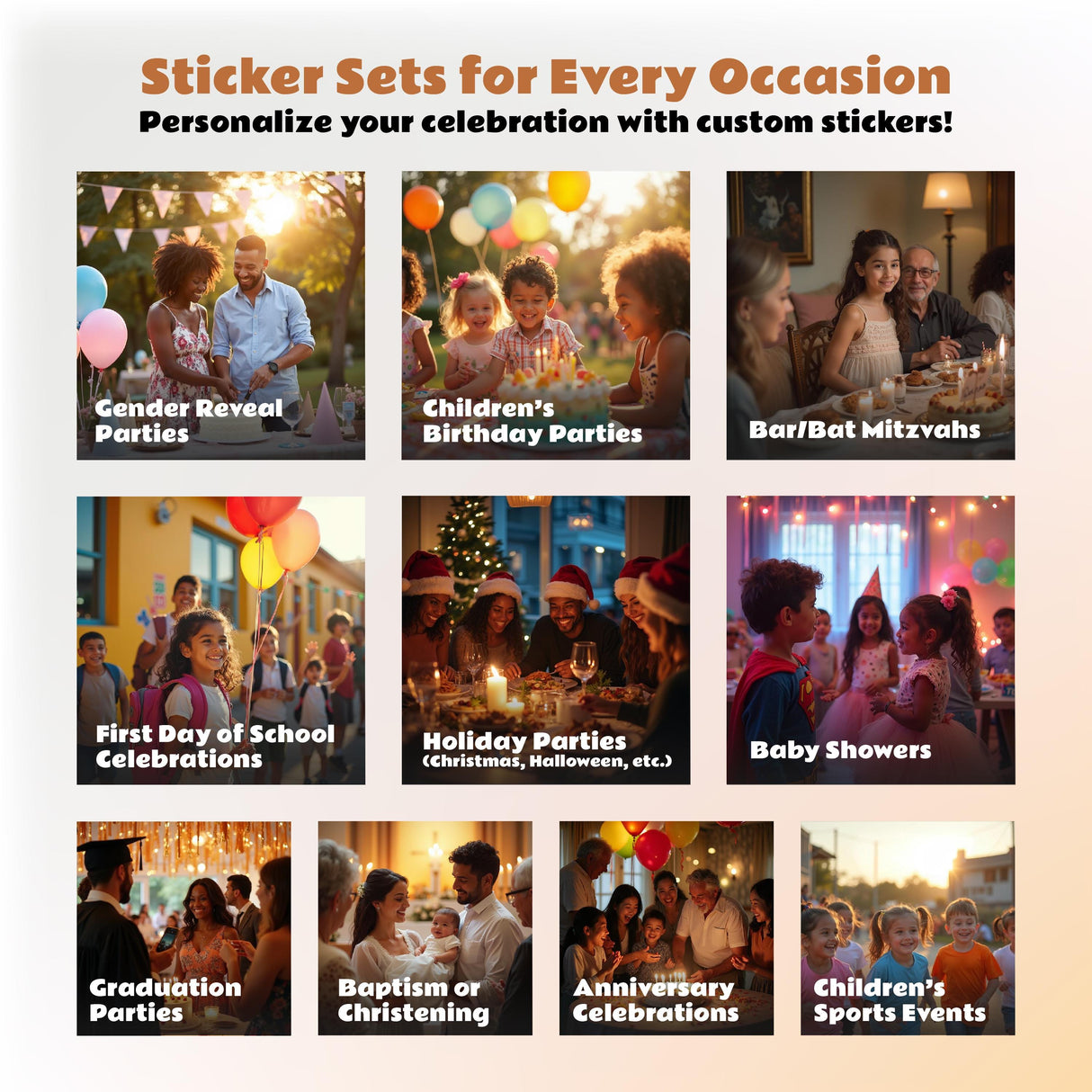Collage of festive events showcasing custom sticker sets for birthdays, graduations, and more occasions.