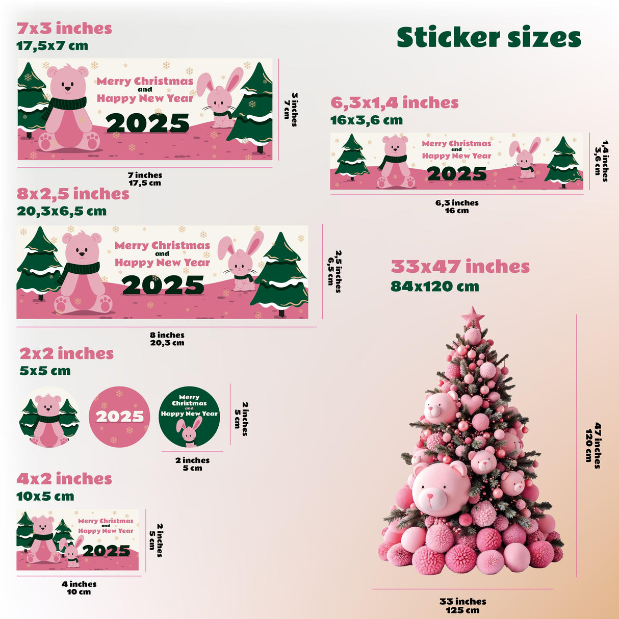 Infographic showing various sizes for personalized Christmas sticker designs, including labels for bottles and chocolates.