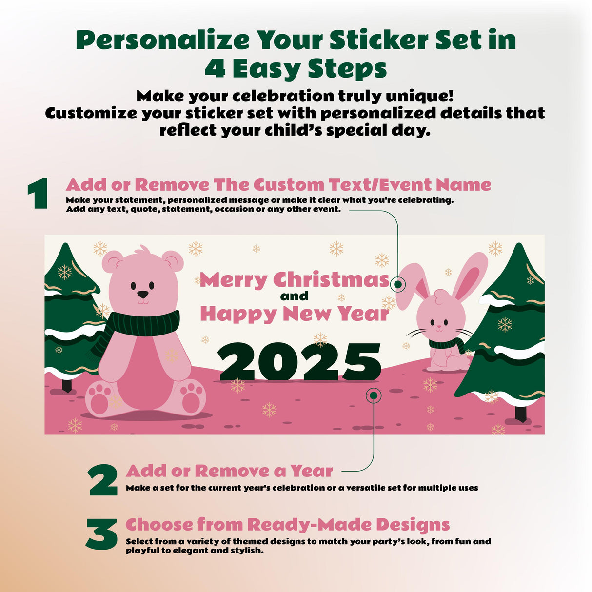 Easy steps to personalize a Christmas sticker set with festive designs and custom text for your celebration.