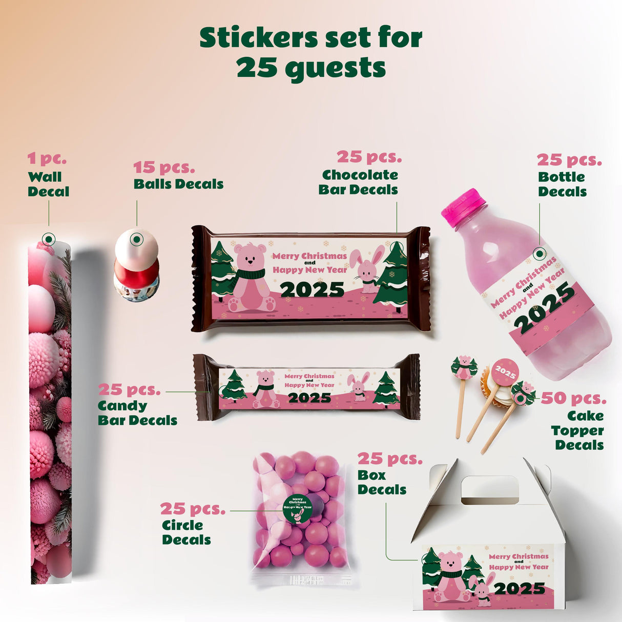 Personalized Christmas sticker set for 25 guests, including wall decals, bottle labels, and cake toppers.