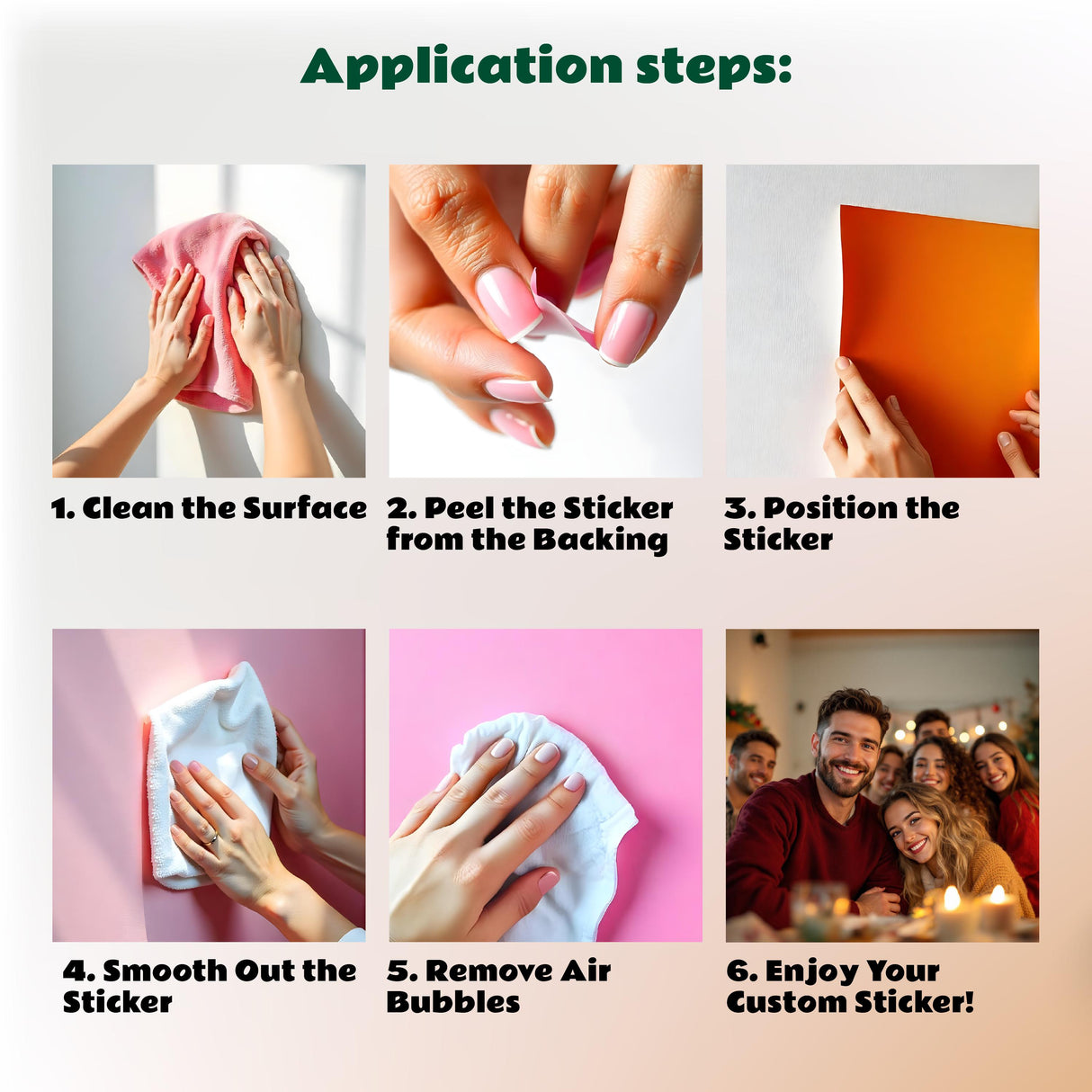 Steps for applying personalized Christmas stickers: clean surface, peel, position, smooth, remove bubbles, enjoy!