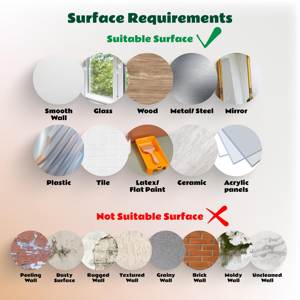 Visual chart showing suitable and unsuitable surfaces for stickers, including examples like smooth walls and brick.