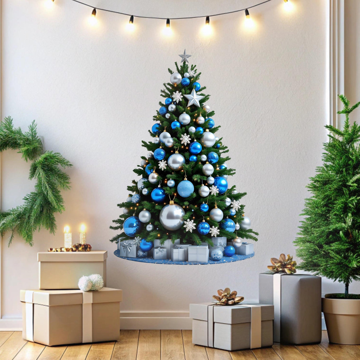 Decorative Christmas tree with blue and silver ornaments, surrounded by gifts and greenery for festive decor.