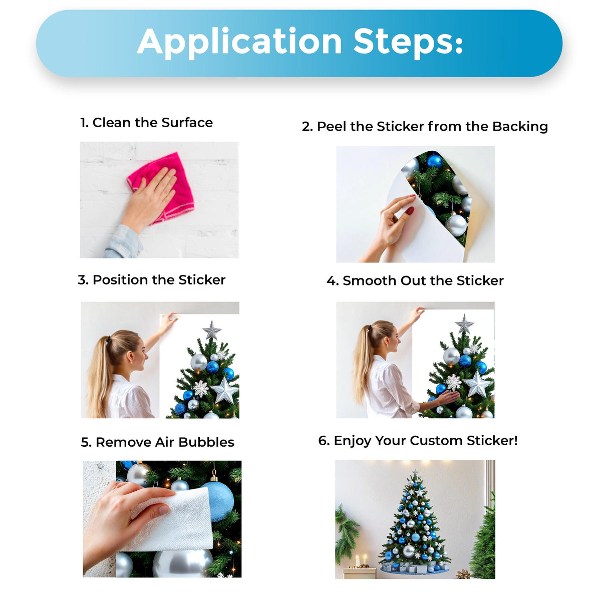 Application steps for personalized Christmas stickers, showing cleaning, peeling, positioning, and smoothing.