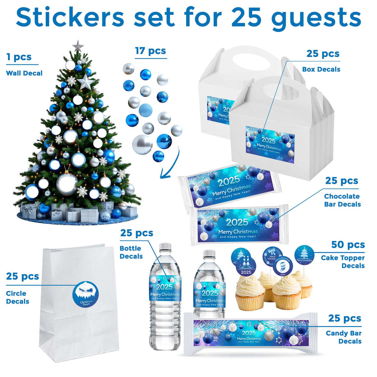 Personalized Christmas sticker set for 25 guests featuring labels for bottles, chocolates, and a wall decal.