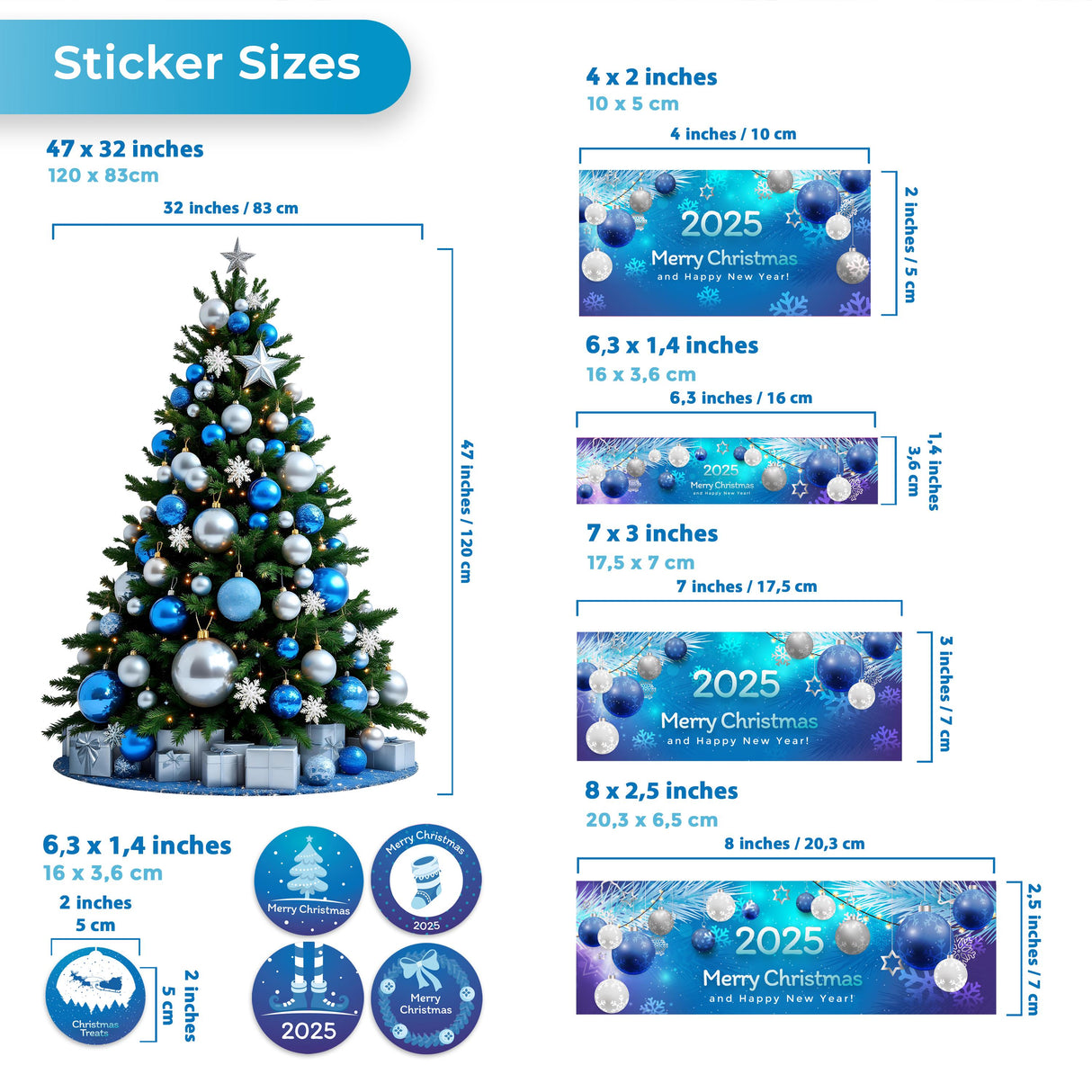 Image showing personalized Christmas sticker sizes and a decorated tree for holiday decor.