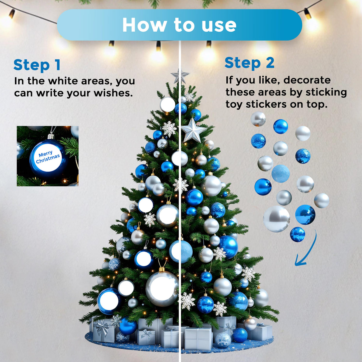 Instructions for using personalized Christmas sticker set with a decorated tree and toy stickers.