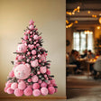 Pink teddy bear Christmas tree wall decal with festive decorations, ideal for kids' room holiday decor.