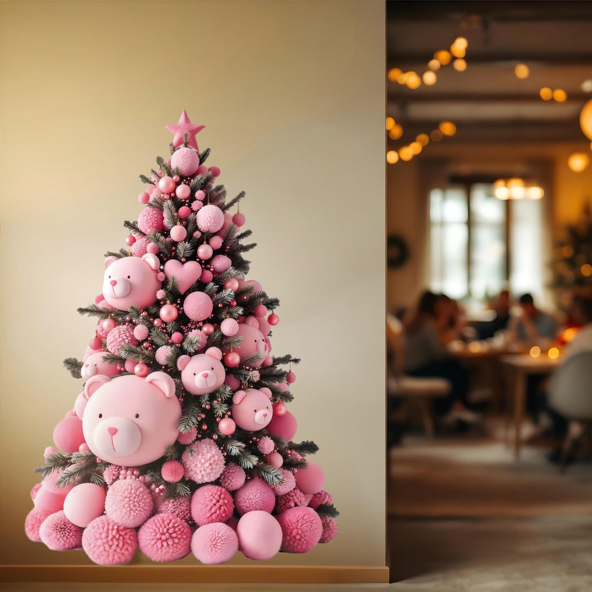 Pink teddy bear Christmas tree wall decal with festive decorations, ideal for kids' room holiday decor.