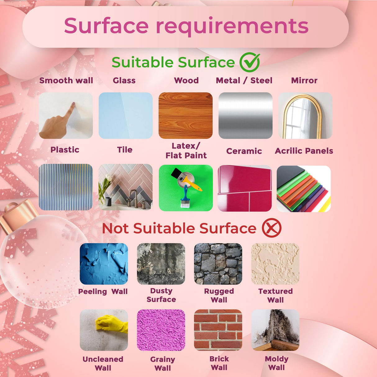 Surface requirements for Pink Christmas Tree Wall Decal showing suitable and unsuitable surfaces for application.