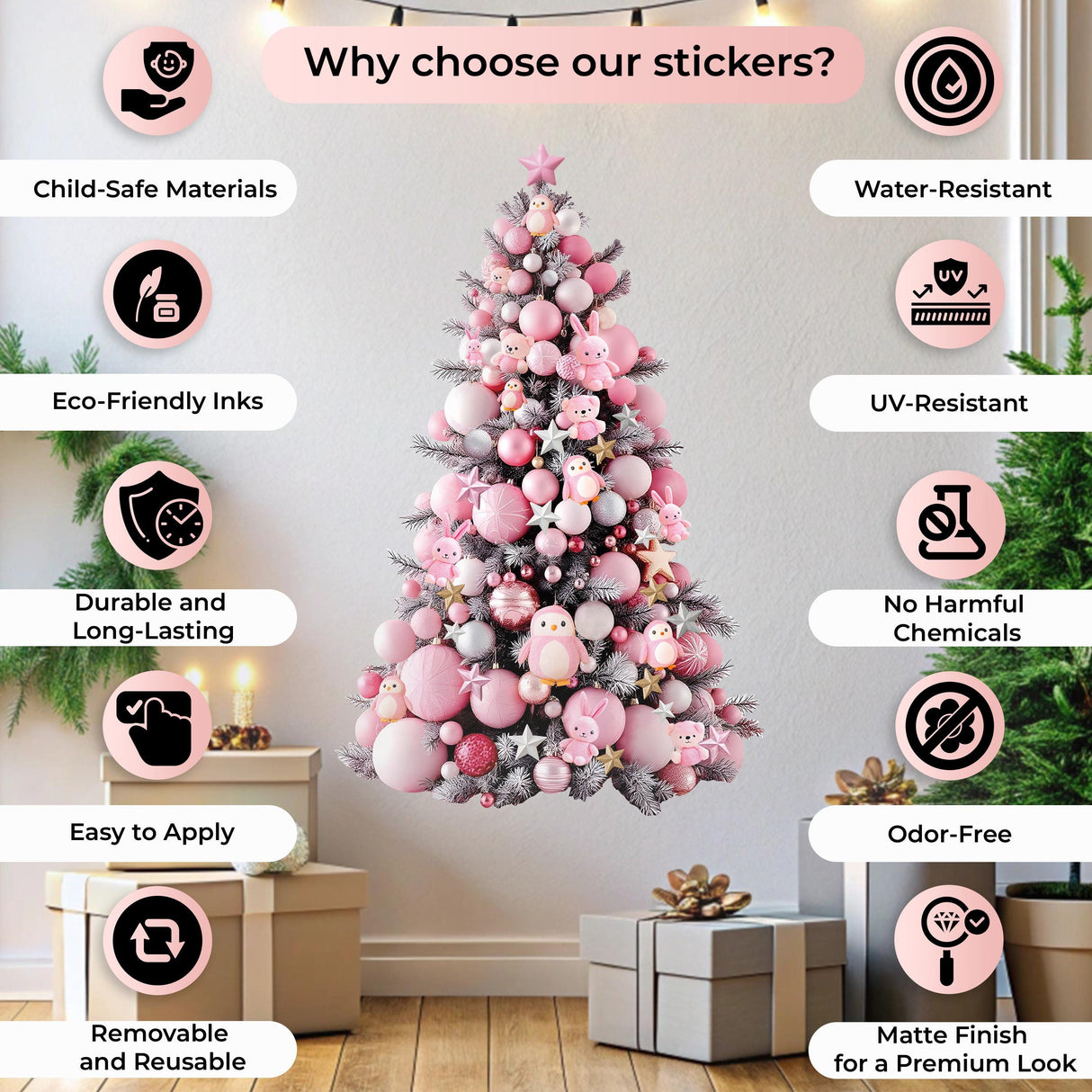 Interactive pink Christmas tree wall decal showcasing child-safe, eco-friendly, and durable materials, perfect for kids' rooms.