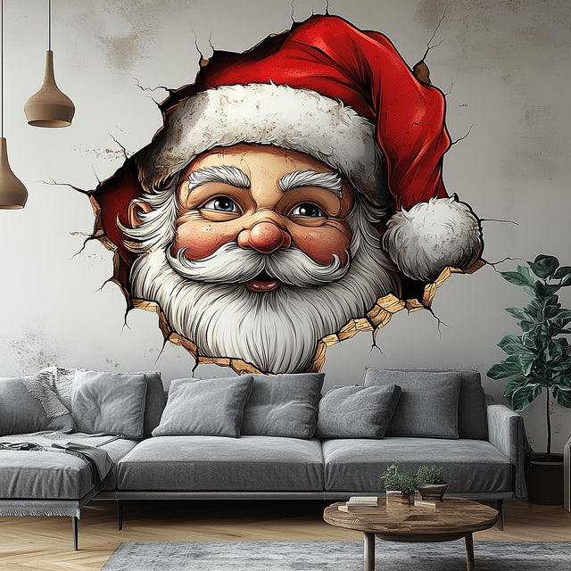3D Santa Claus wall sticker mural breaking through wall, festive holiday decor for living room.