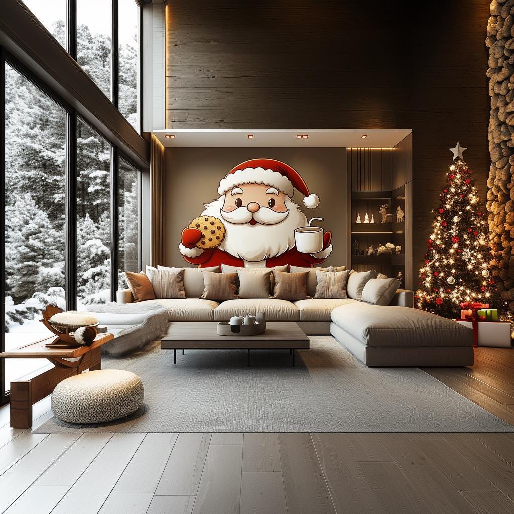 Santa Claus wall mural with cookie and mug in cozy living room decorated for Christmas.