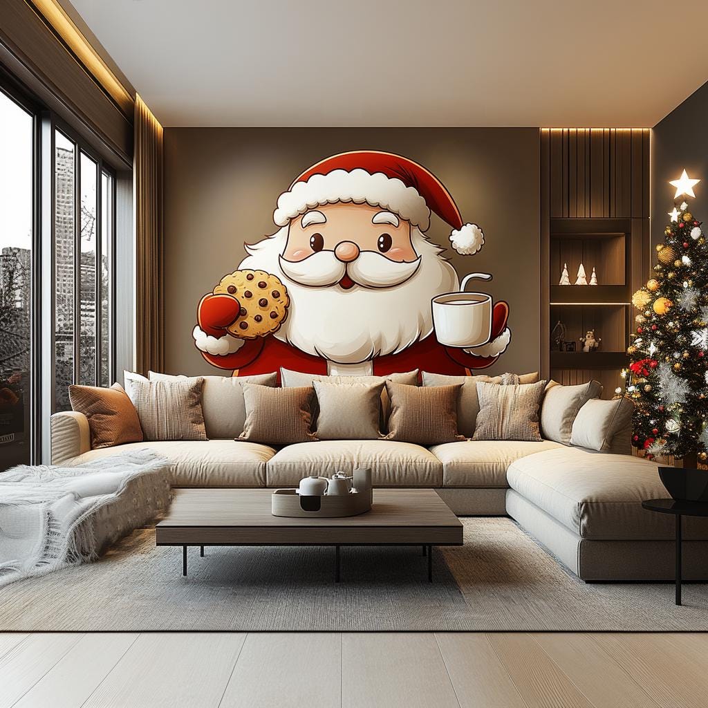Santa Claus wall mural featuring Santa with a cookie and mug in a cozy living room for Christmas decor.
