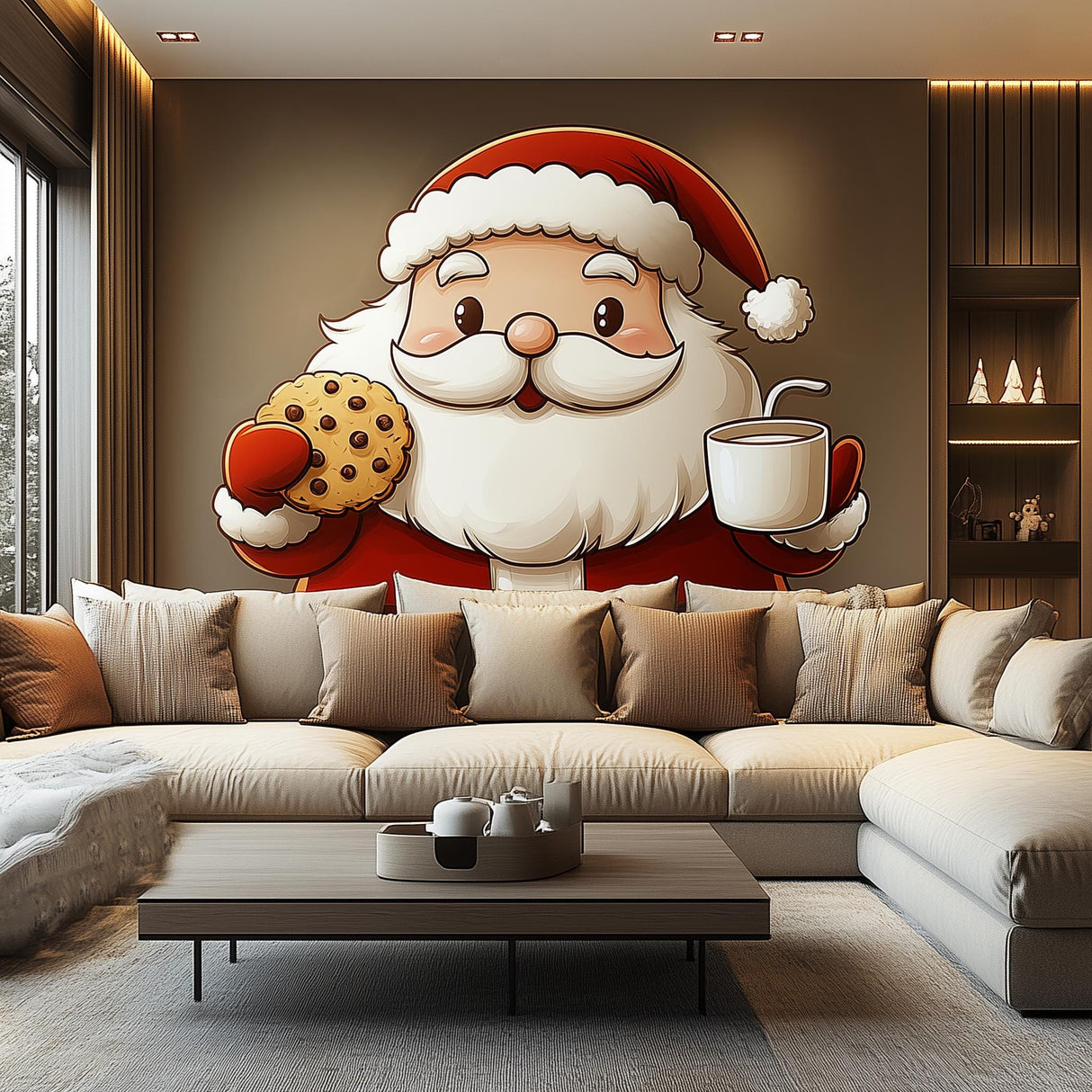 Cheerful Santa Claus wall mural with cookie and mug, perfect festive decor for Christmas living spaces.