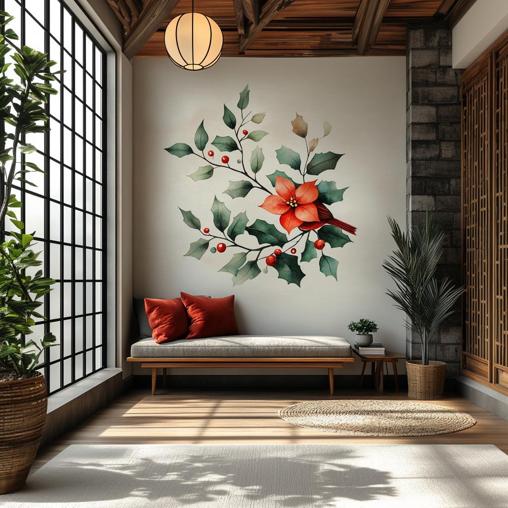 Poinsettia and holly wall mural in cozy living room, featuring vibrant red flower and green leaves for holiday decor.