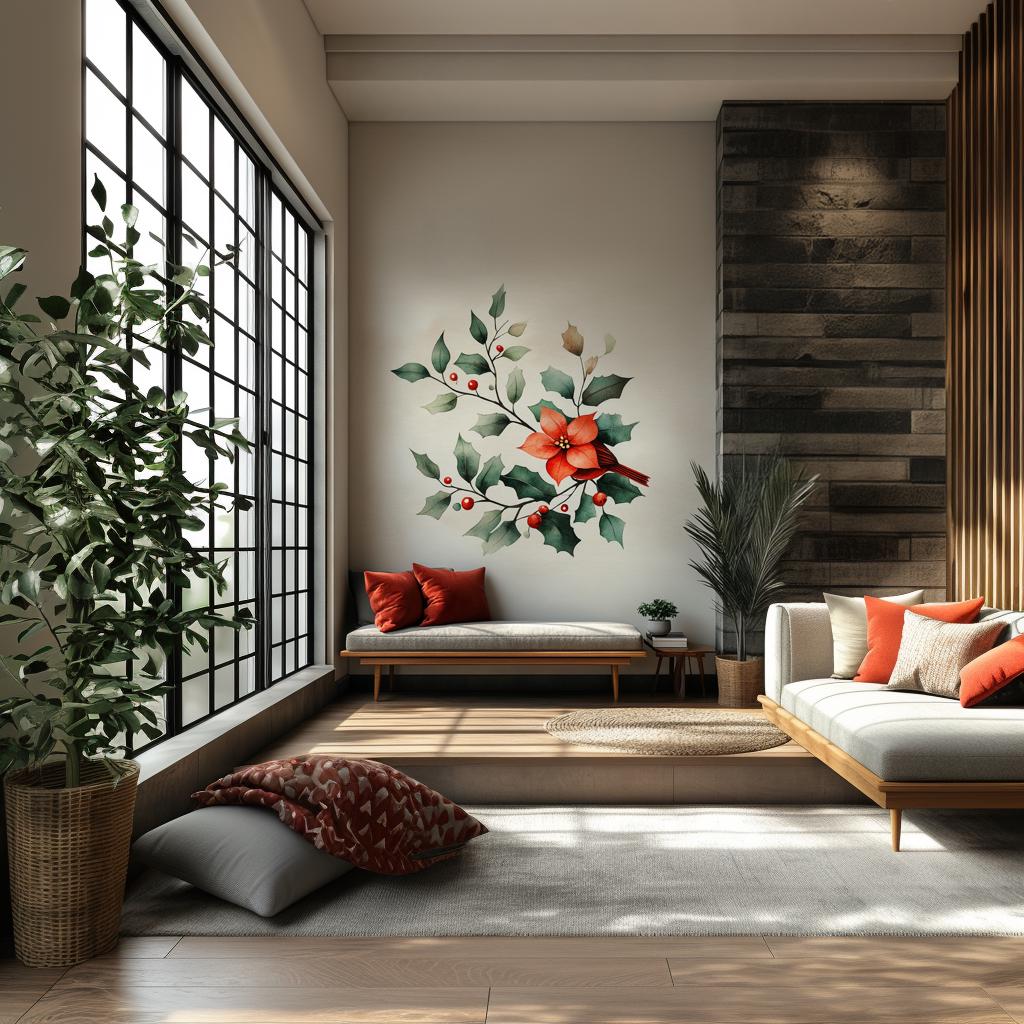 Poinsettia and holly wall mural in a modern living room, featuring red flowers and festive decor.