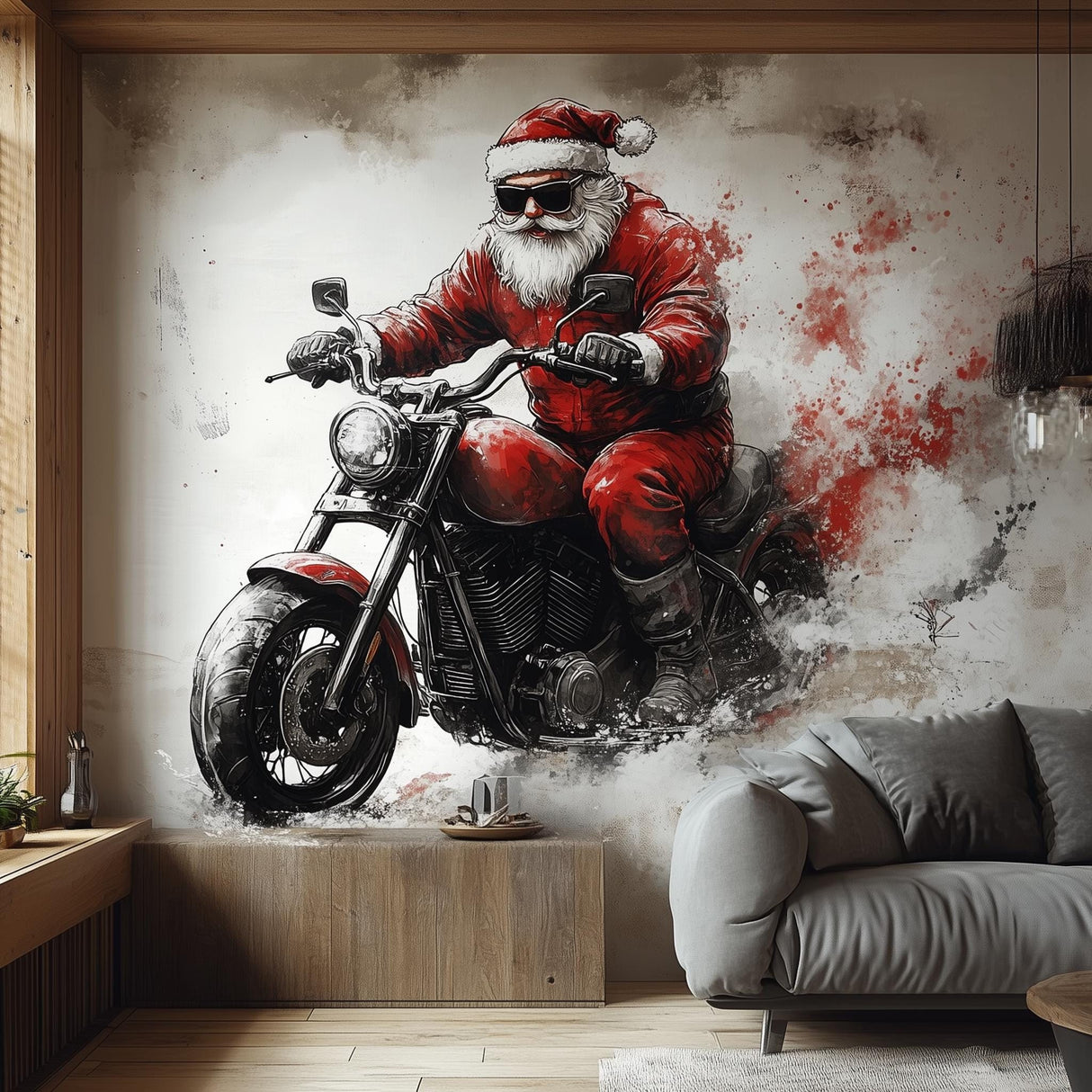 Biker Santa Claus Wall Mural | Bold Christmas Decor | Santa on Motorcycle Wall Art | Holiday Wall Sticker for Man Cave Unique Festive Decor
