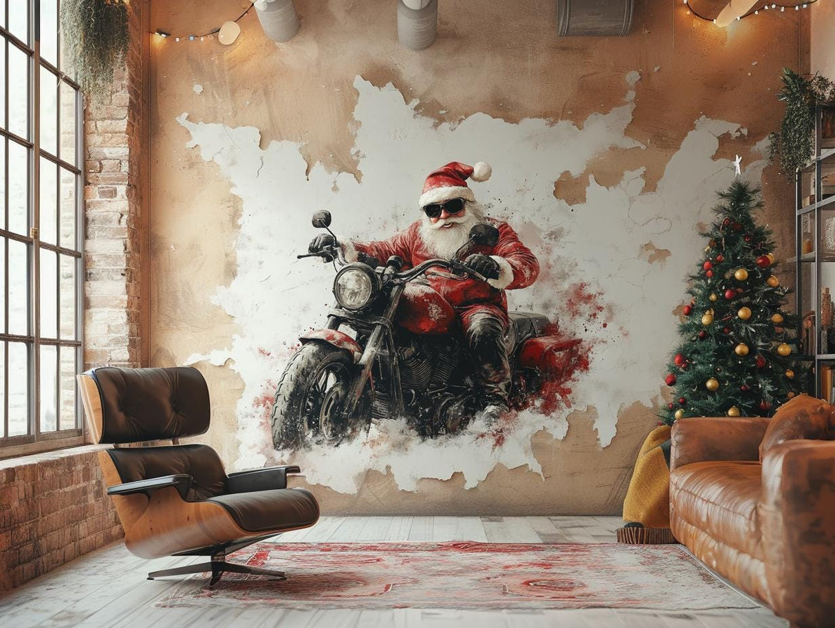 Biker Santa wall mural on a rustic wall, featuring Santa on a motorcycle, perfect for festive holiday decor.
