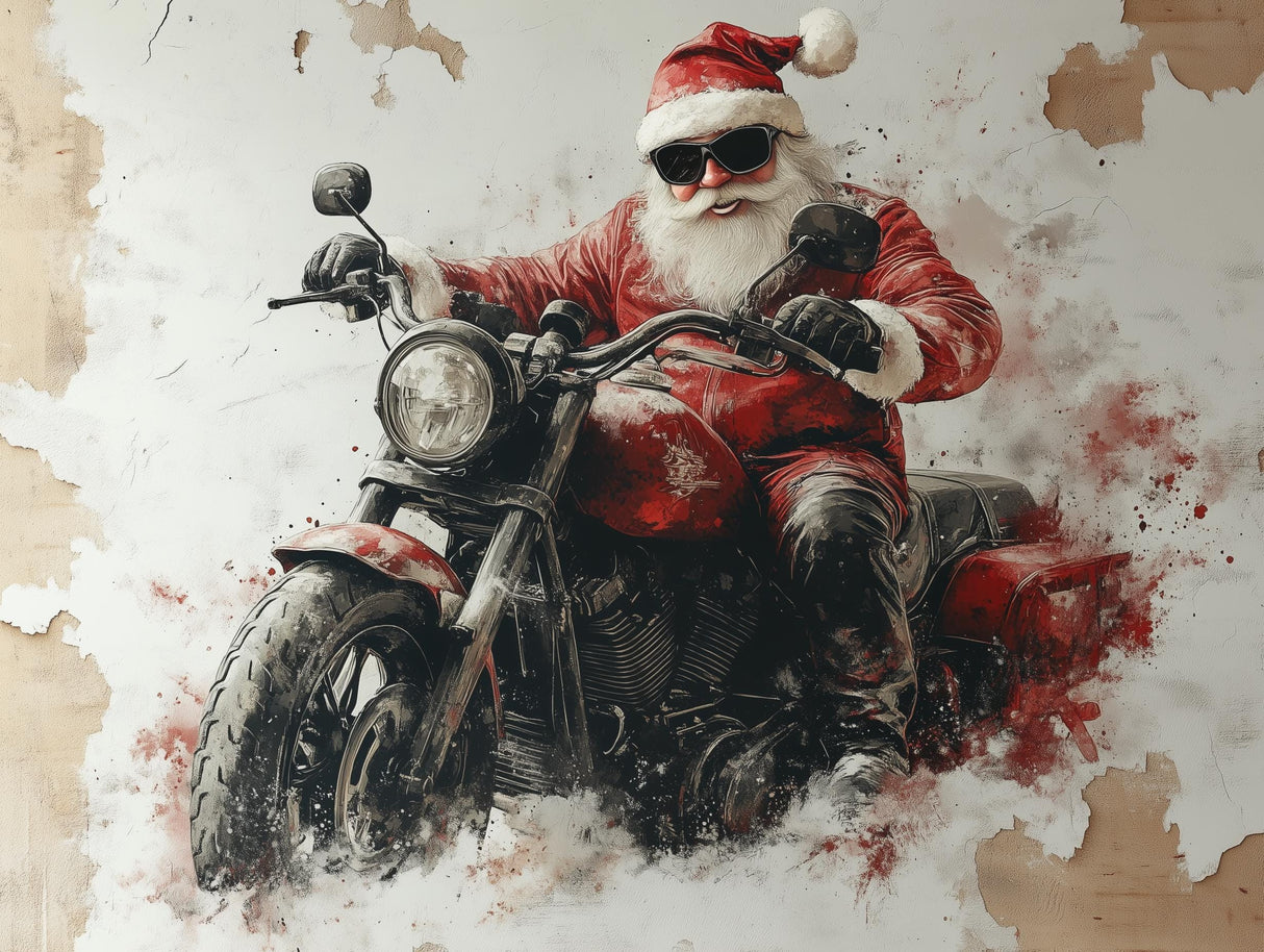 Biker Santa wall mural featuring Santa on a motorcycle, perfect for unique Christmas decor and festive home style.
