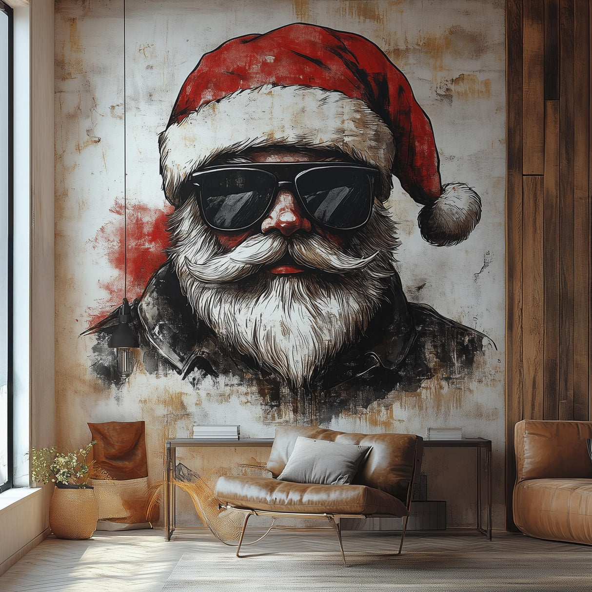 Biker Santa wall mural featuring Santa in sunglasses and a red hat, adding a unique twist to holiday decor.
