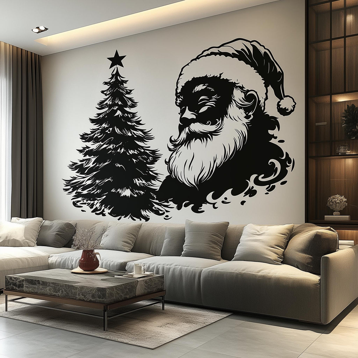 Elegant monochrome Santa and Christmas tree wall mural in modern living room decor.