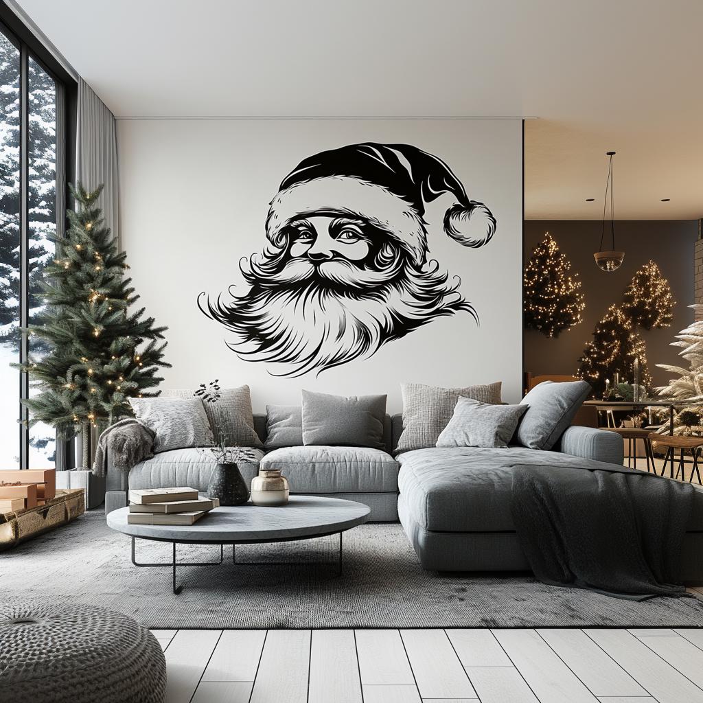 Minimalist Santa Claus wall mural in a modern living room with cozy decor and Christmas tree.