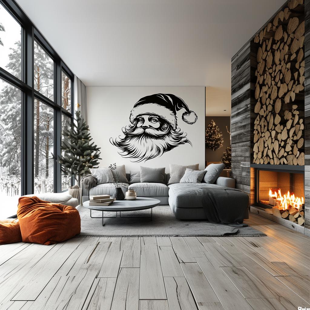 Minimalist Santa wall mural in a modern living room with a festive decor and cozy ambiance.